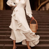 Elegant Ruffled Solid Color Maxi Dress