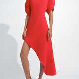 Puff Sleeves Asymmetric Midi Dress