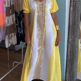 Yellow Tie Dye V-Neck Drawstring Maxi Dress