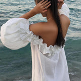 Off Shoulder Ruffle Puff Sleeve Pocketed Midi Dress