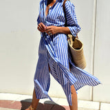 Splendor Stripes Printed Button Half Sleeve Belt Shirt Midi Dress