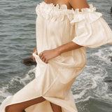 Off Shoulder Ruffle Puff Sleeve Pocketed Midi Dress