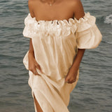 Off Shoulder Ruffle Puff Sleeve Pocketed Midi Dress