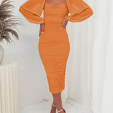 Mesh Pleated Long-Sleeve Midi Dress