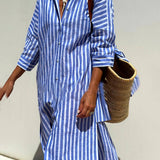 Splendor Stripes Printed Button Half Sleeve Belt Shirt Midi Dress