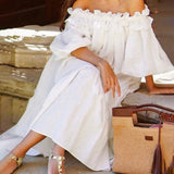 Off Shoulder Ruffle Puff Sleeve Pocketed Midi Dress