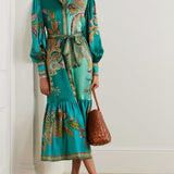 Collared Vintage Print Lantern Sleeve Dress