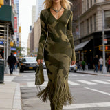 Olive Camo Knit V-Neck Fringe Hem Midi Dress