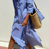 Splendor Stripes Printed Button Half Sleeve Belt Shirt Midi Dress
