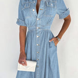 Collar Buttoned Slim Fit Denim Dress