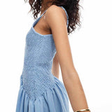 Fashionable Patchwork Smocked Sleeveless Suspender Midi Dress