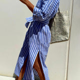 Splendor Stripes Printed Button Half Sleeve Belt Shirt Midi Dress