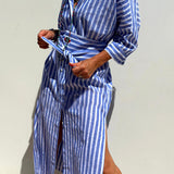 Splendor Stripes Printed Button Half Sleeve Belt Shirt Midi Dress