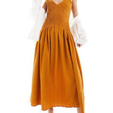 Fashionable Patchwork Smocked Sleeveless Suspender Midi Dress