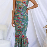 Sweetheart Neck Strap Printed Pleated Mesh Maxi Dress