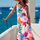 Vacation-Style French Floral Print Maxi Dress