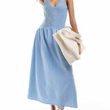 Fashionable Patchwork Smocked Sleeveless Suspender Midi Dress