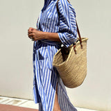 Splendor Stripes Printed Button Half Sleeve Belt Shirt Midi Dress