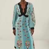 Blue Flowing Beauty Long Sleeve Midi Dress