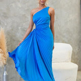 Pleated One-Shoulder Cut-Out Waist Gown
