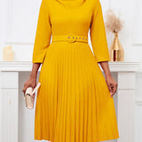 Elegant Solid Color Pleated Dress with Belt