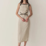 Cream Geometric Print Tie-Strap Midi Dress