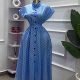 Striped Shirt-Collar Button Midi Dress