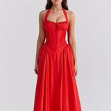 Red Backless Halter Midi Dress