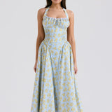 Soft Blue Vintage Floral Print Backless Tank Dress