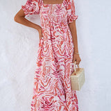 Smocked Print Off The Shoulder Midi Dress