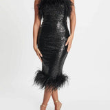 Black Sophia Bandeau Sequin Midi Dress With Feather Trim