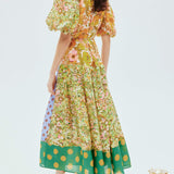 Exquisite Retro Floral Print Puff Sleeve Midi Dress