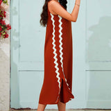 Side Wave Stripes Embellished Side Slit Loose Dress