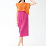 Round Neck Pleated Color Block Midi Dress