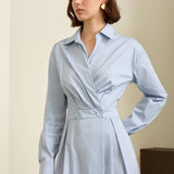 French Blue Belted Shirt Midi Dress