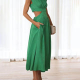 Cutout Waist Pocketed Vacation Midi Dress