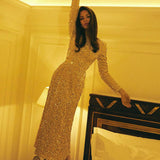 Sequin Decorated Velvet Midi Dress In Beige