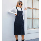 Trendy Denim Pinafore Dress Midi Skirt