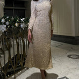 Sequin Decorated Velvet Midi Dress In Beige