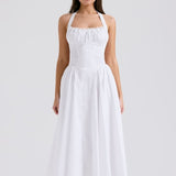 White Backless Halter Midi Dress