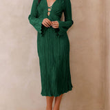Mountain Vistas Draped Pleated Bell-Sleeve Midi Dress