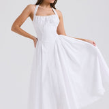 White Backless Halter Midi Dress