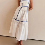 Contrast Color Trim Adjustable Straps Midi Dress