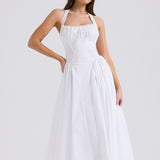 White Backless Halter Midi Dress