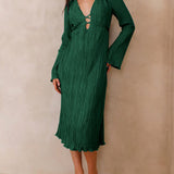 Mountain Vistas Draped Pleated Bell-Sleeve Midi Dress