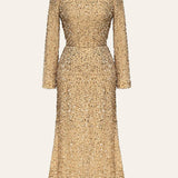 Sequin Decorated Velvet Midi Dress In Beige