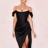 Cap Shoulder Corset Bodycon Midi Dress - Black