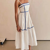 Contrast Color Trim Adjustable Straps Midi Dress