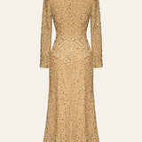 Sequin Decorated Velvet Midi Dress In Beige