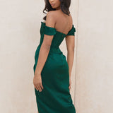 Cap Shoulder Corset Bodycon Midi Dress - Dark Green